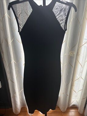 French Connection Black Midi Sheath Dress with Sheer Shoulder Panels
